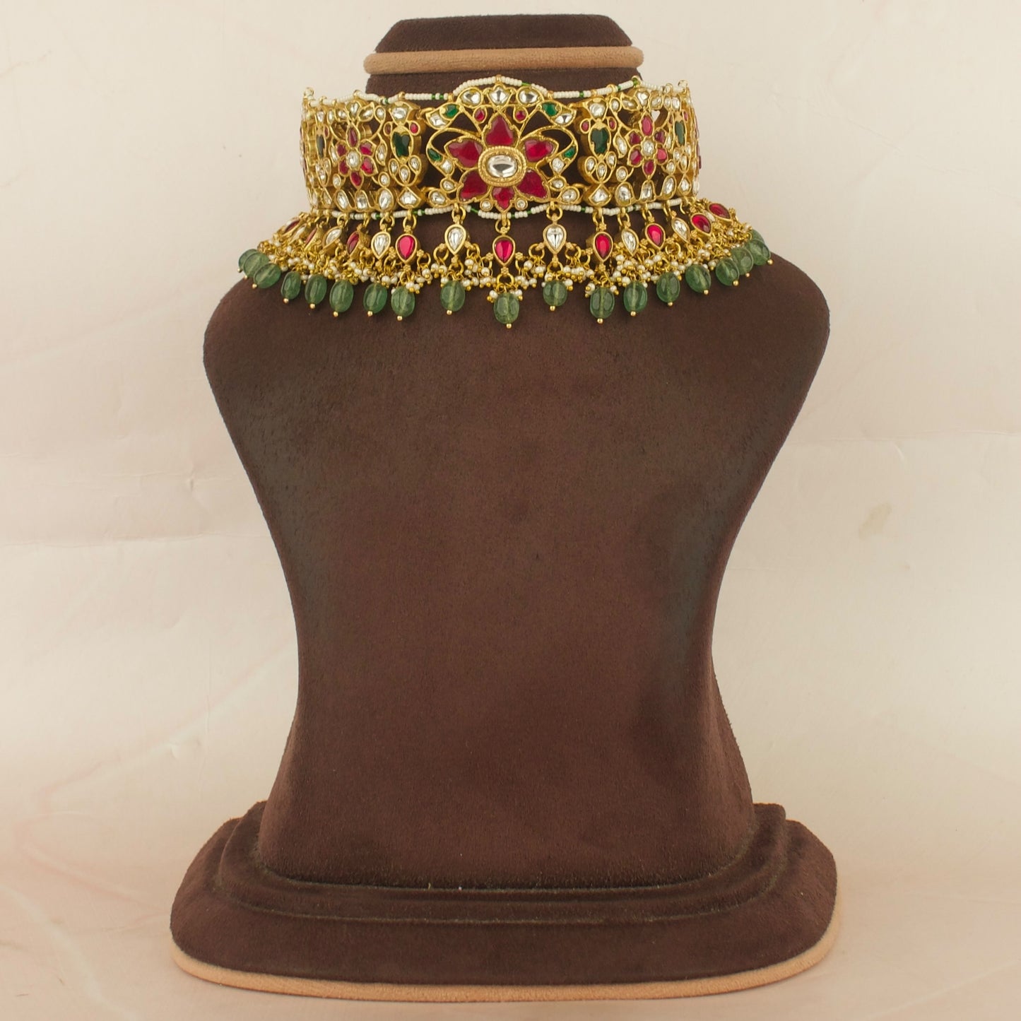 Grand floral Design Jadau Kundan Choker with Green Beads