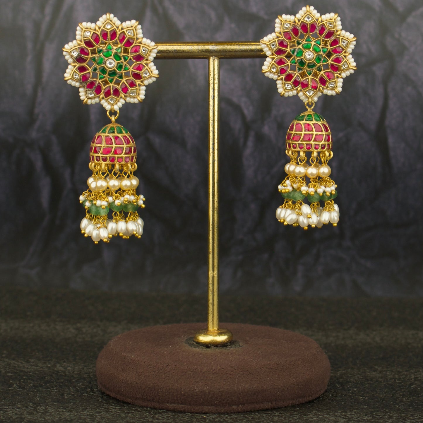 Charming Floral Studded Jadau Kundan Jhumki With Guttapusalu Hangings