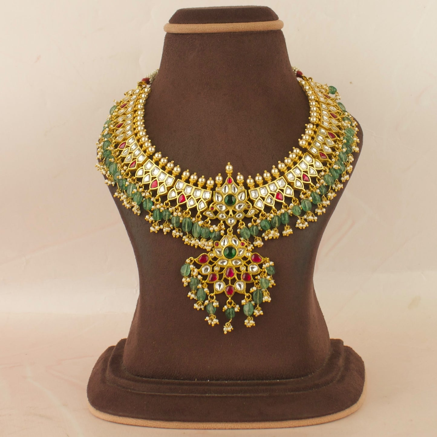 Grand Gold Style Jadau Kundan Short Necklace with Green Beads