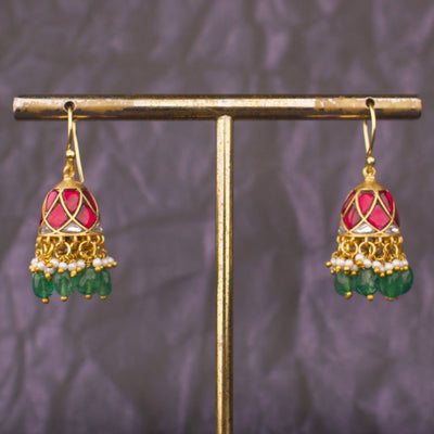 Jadau Kundan Mini Jhumki Hangings With Green Beads