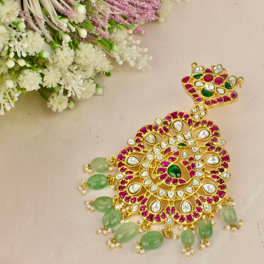 Grand floral Peacock Design Jadau Kundan Locket with Green Beads