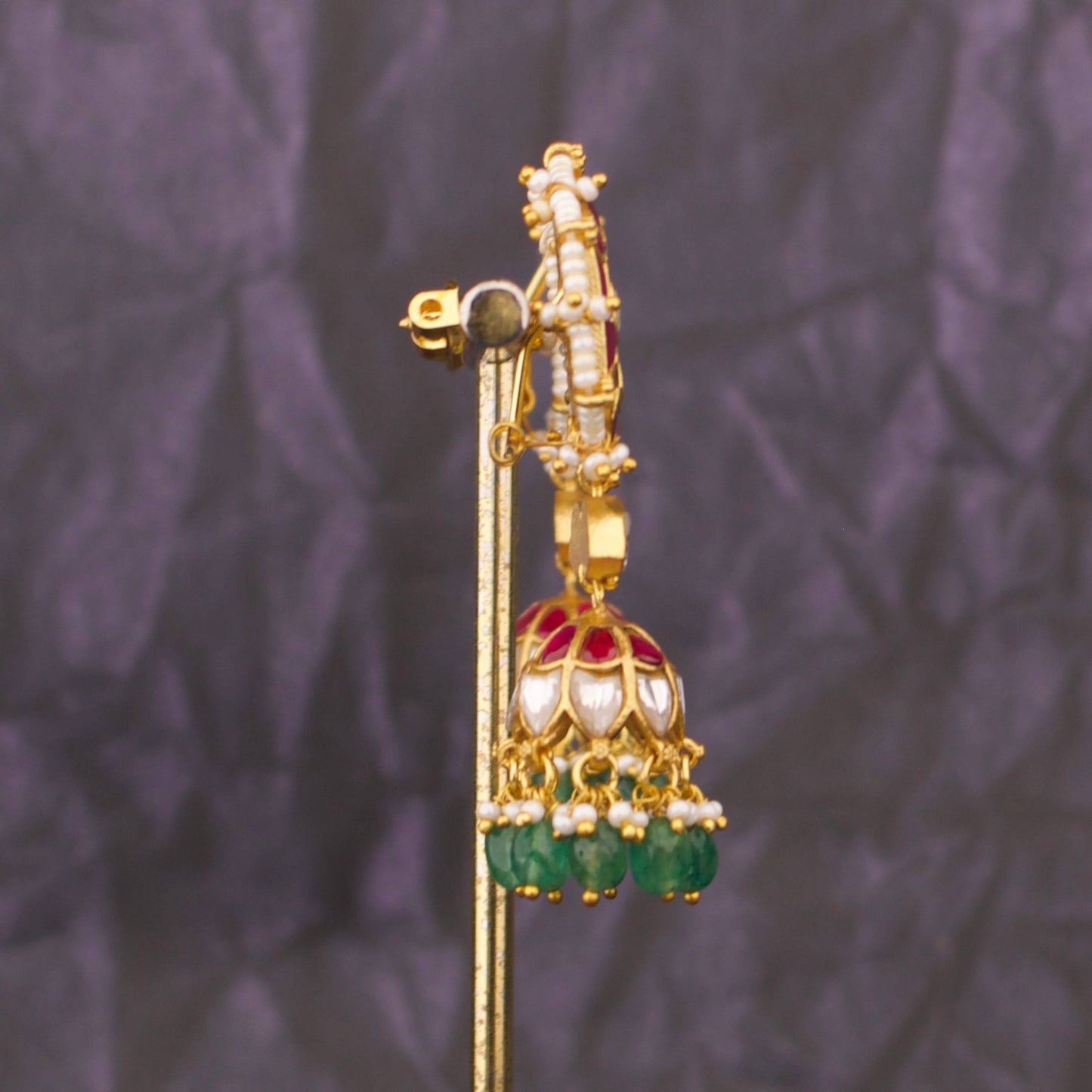 Ethnic Jadau Kundan Jhumka Earrings With Green Drops