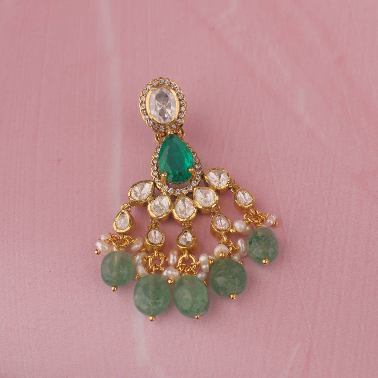 Classic 925 Silver Moissanite Polki Necklace Set With Matching Earrings