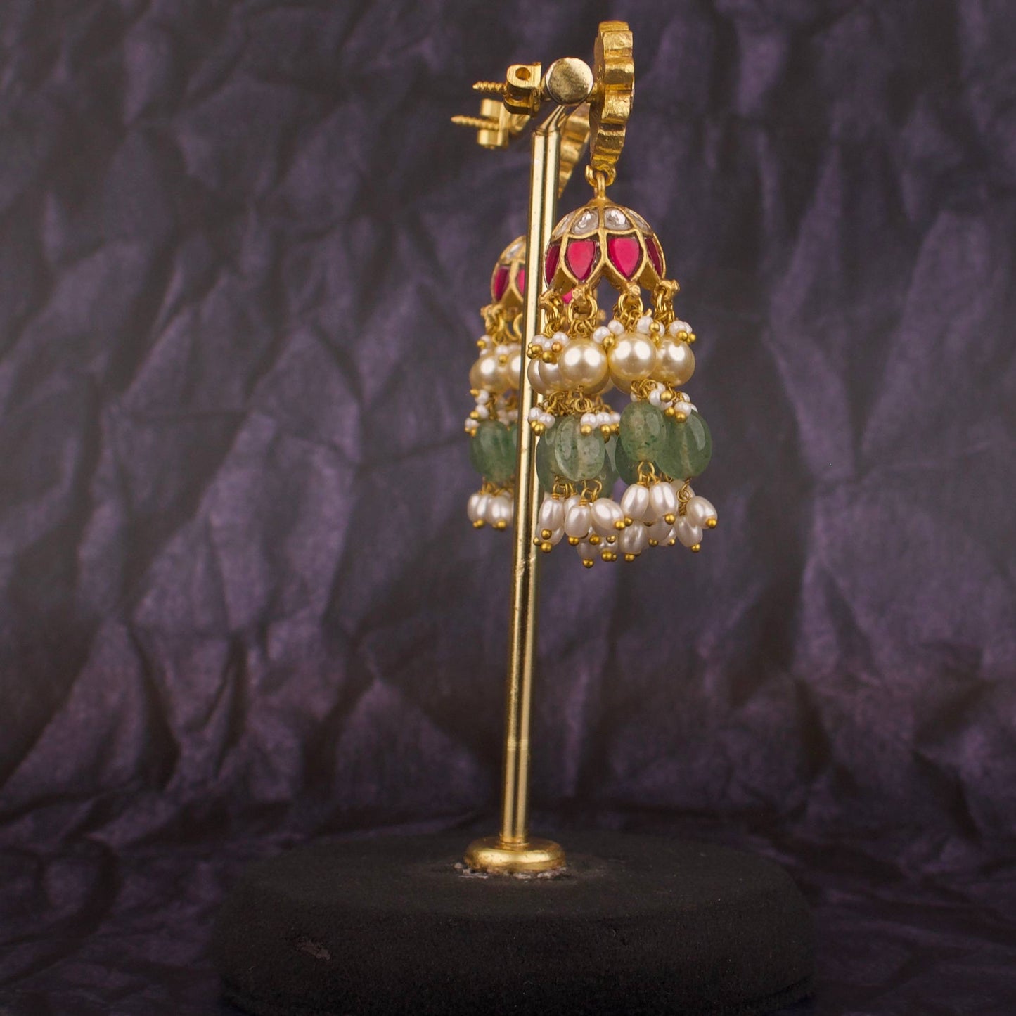 Exquisite Jadau Kundan Floral Design Earrings with Swarovski Ricepearl Hangings