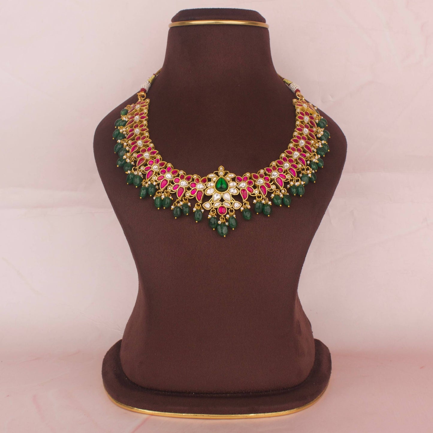 Elite Gold Style Jadau Kundan Necklace With Beads Hanging