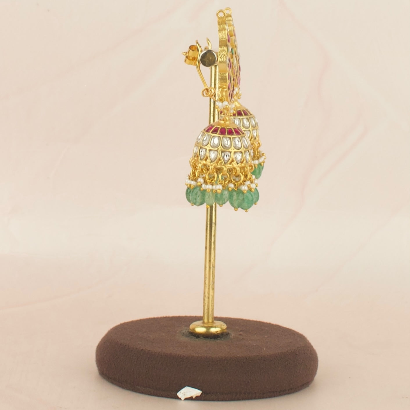 Intricate Design Jadau Kundan Jhumki with Green Beads
