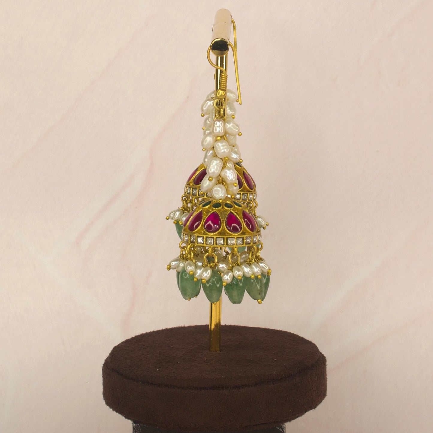 Alluring Hook Jadau Kundan Jhumkas with rice pearls and Beads - DULHAN JEWELS