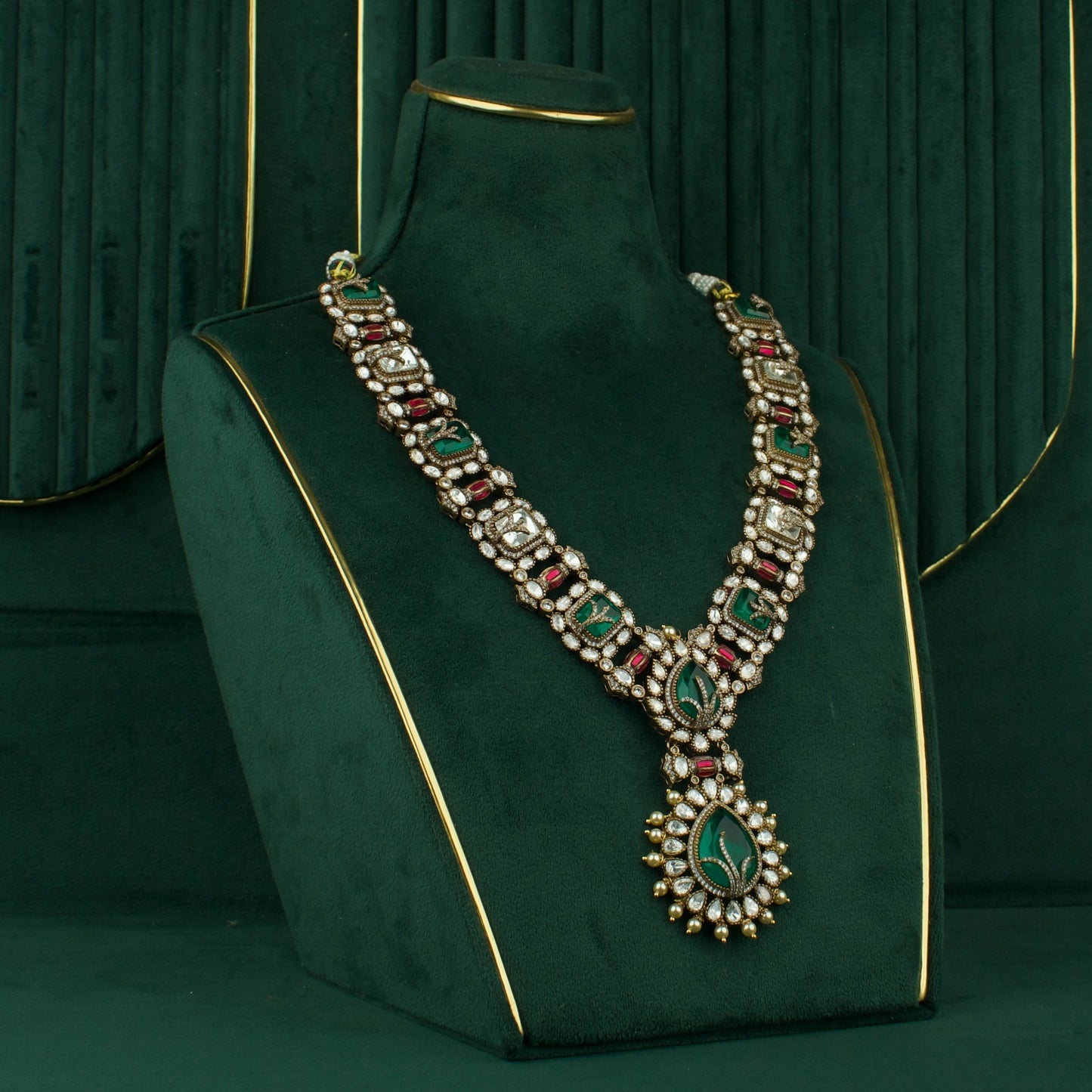 Bridal Emerald Polki Long Necklace Set With Earrings