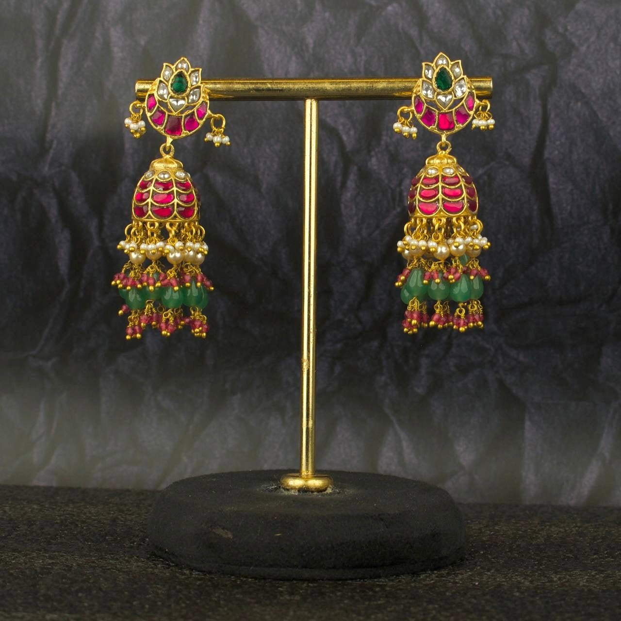 Floral Studded Guttapusalu Hanging Jhumki Earrings - DULHAN JEWELS