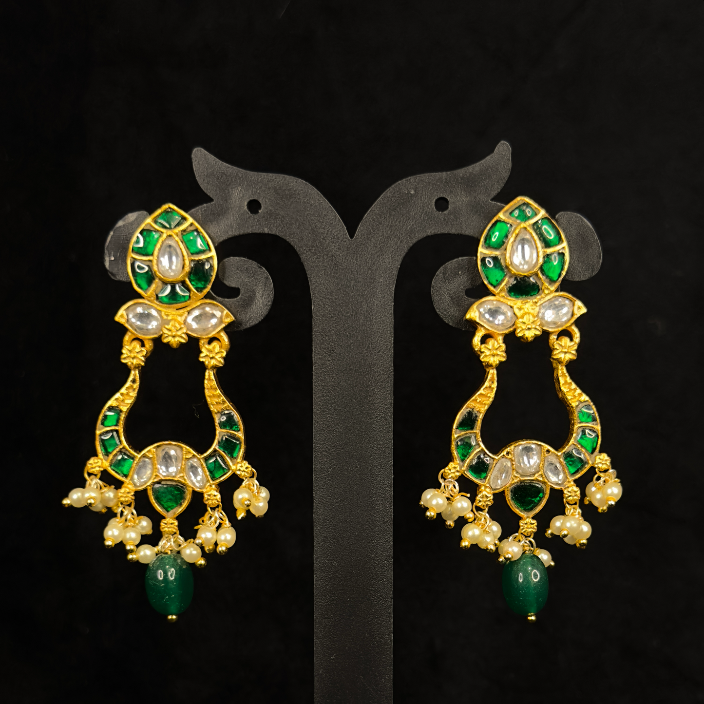 Exquisite Emerald Mango Jadau Kundan Chandbalis - DULHAN JEWELS
