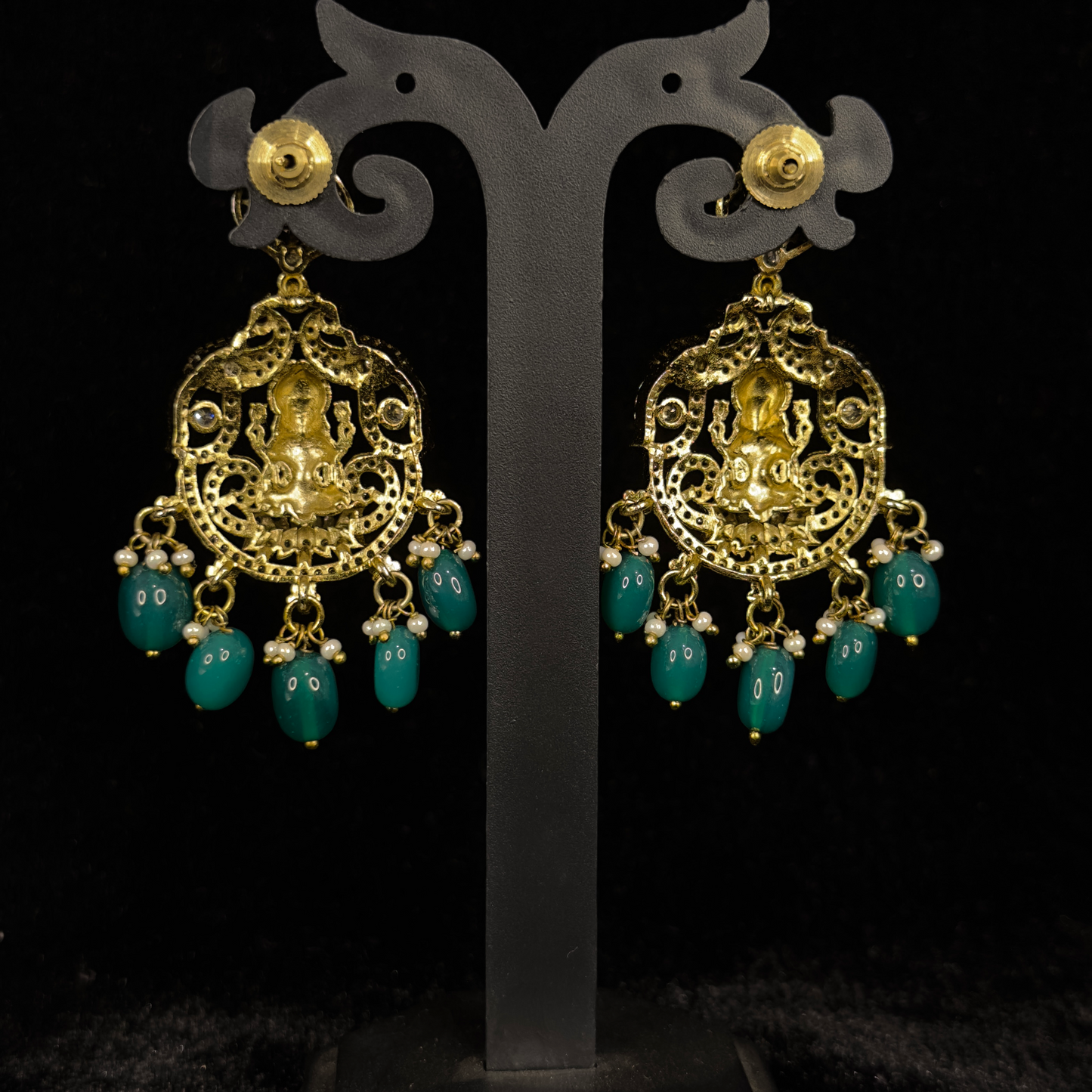 Handcrafted detail view of Temple Victorian Necklace set with Peacock Motifs jewelry piece