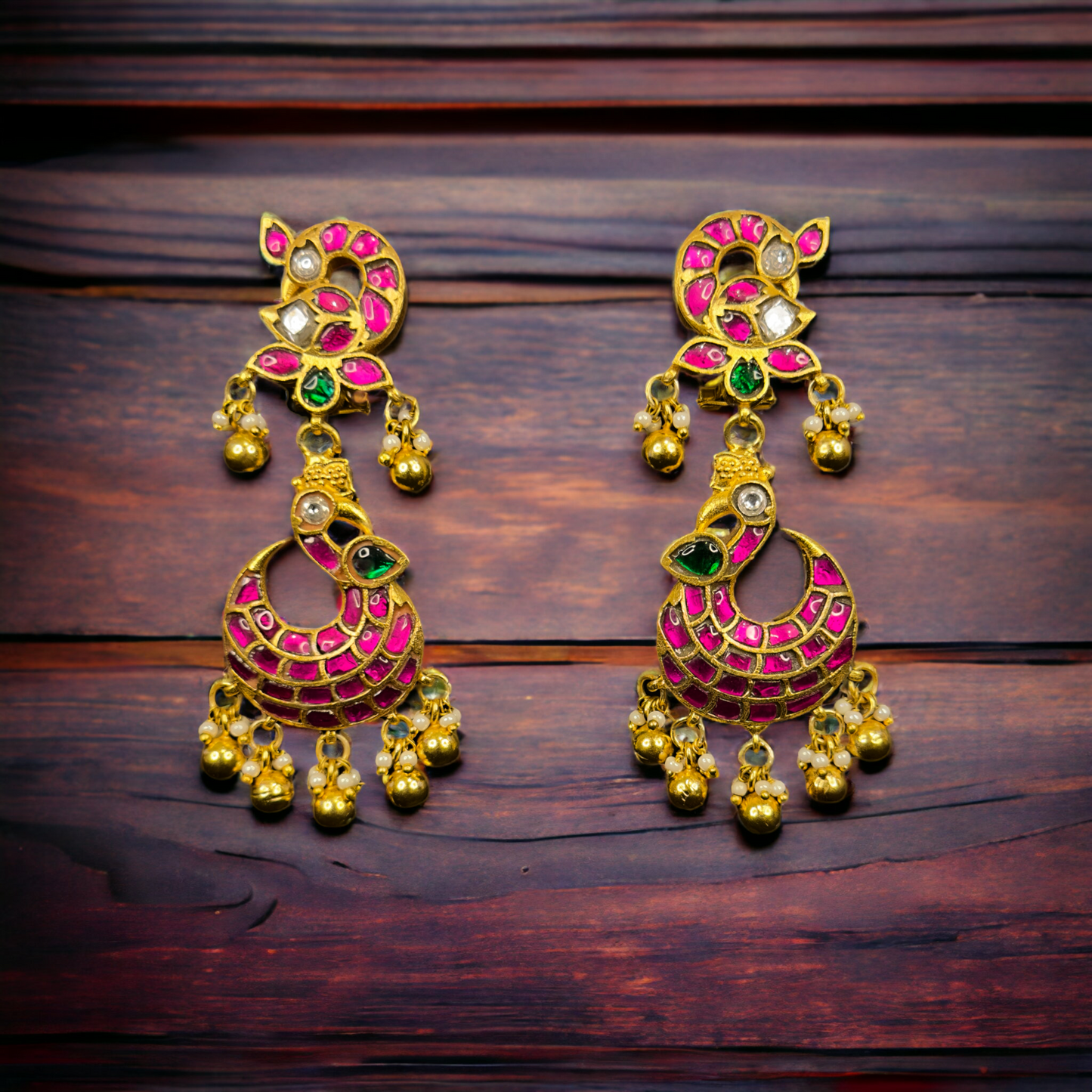 Peacock Elegance Jadau Kundan Chandbali Earrings - DULHAN JEWELS