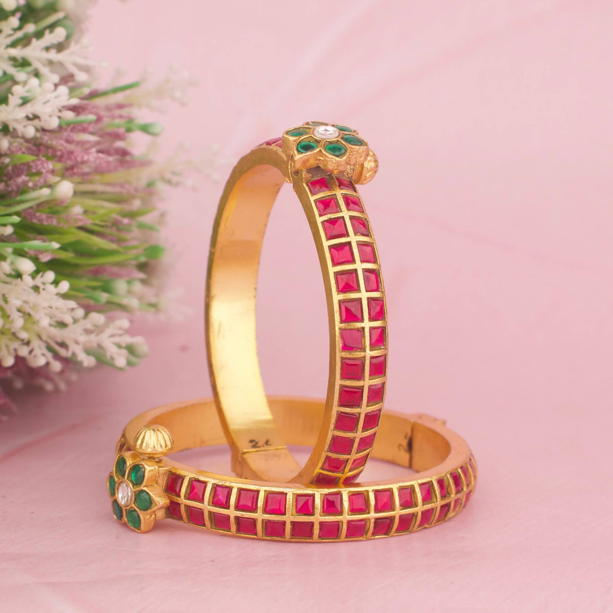 Traditional Floral Design Jadau Kundan Bangles Styling Angle View 5 - Dulhan Jewels