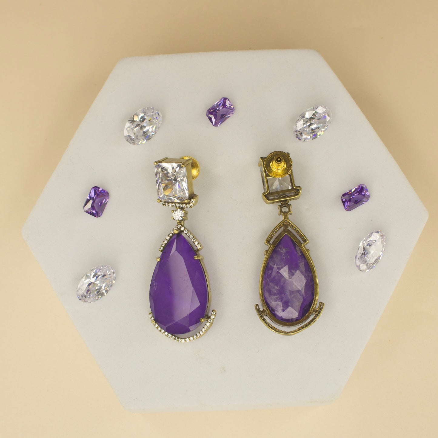 Fancy yet classic stone hanging earrings with victorian finish available in red, green, purple & mint