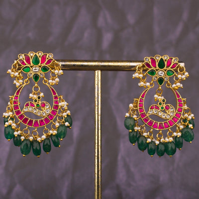 Designer Jadau Kundan Chandbali Earrings With Emerald Beads