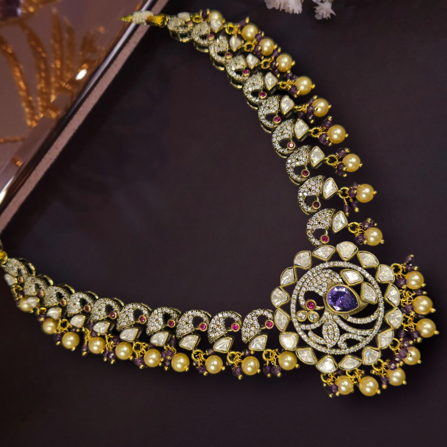 Victorian Moissanite Peacock Necklace with earrings. This Victorian Jewellery is available in Red,Green & Purple colour variants.