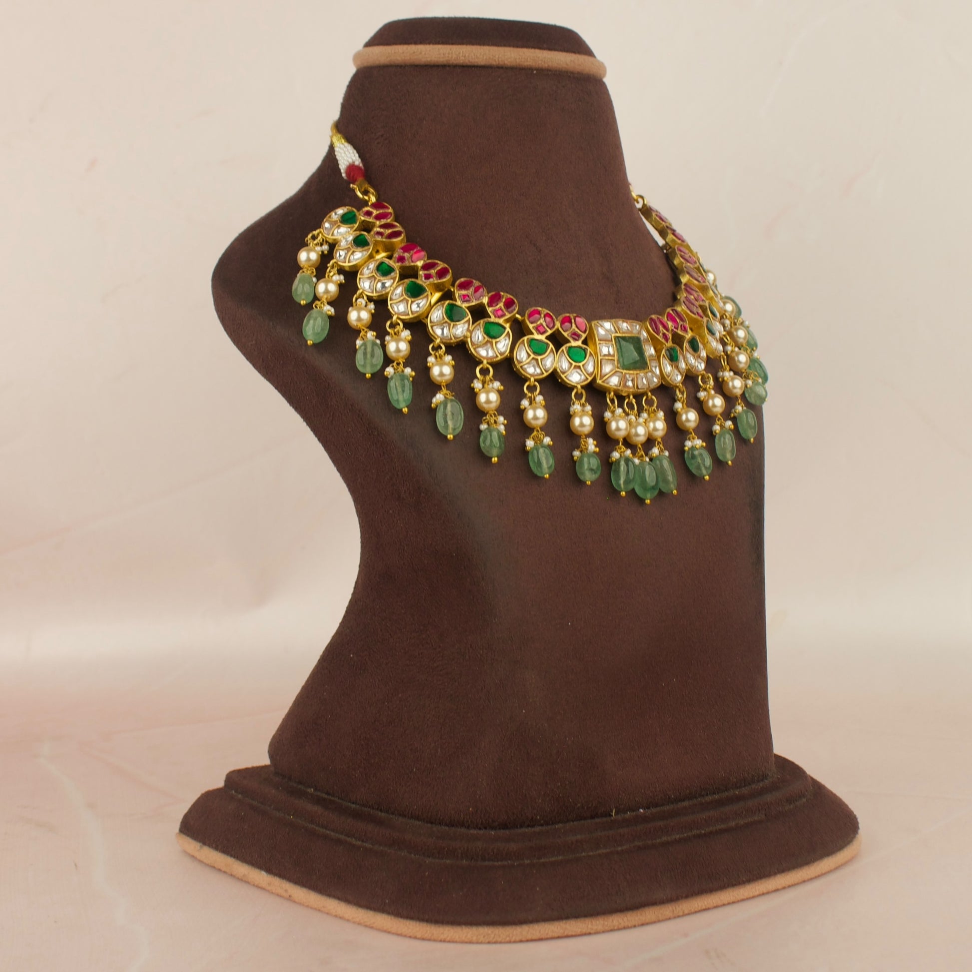 Exquisite Jadau Kundan Short Necklace with Green Beads