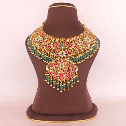 Traditional Grand Jadau Kundan Necklace WIth Guttapusalu Hangings - DULHAN JEWELS