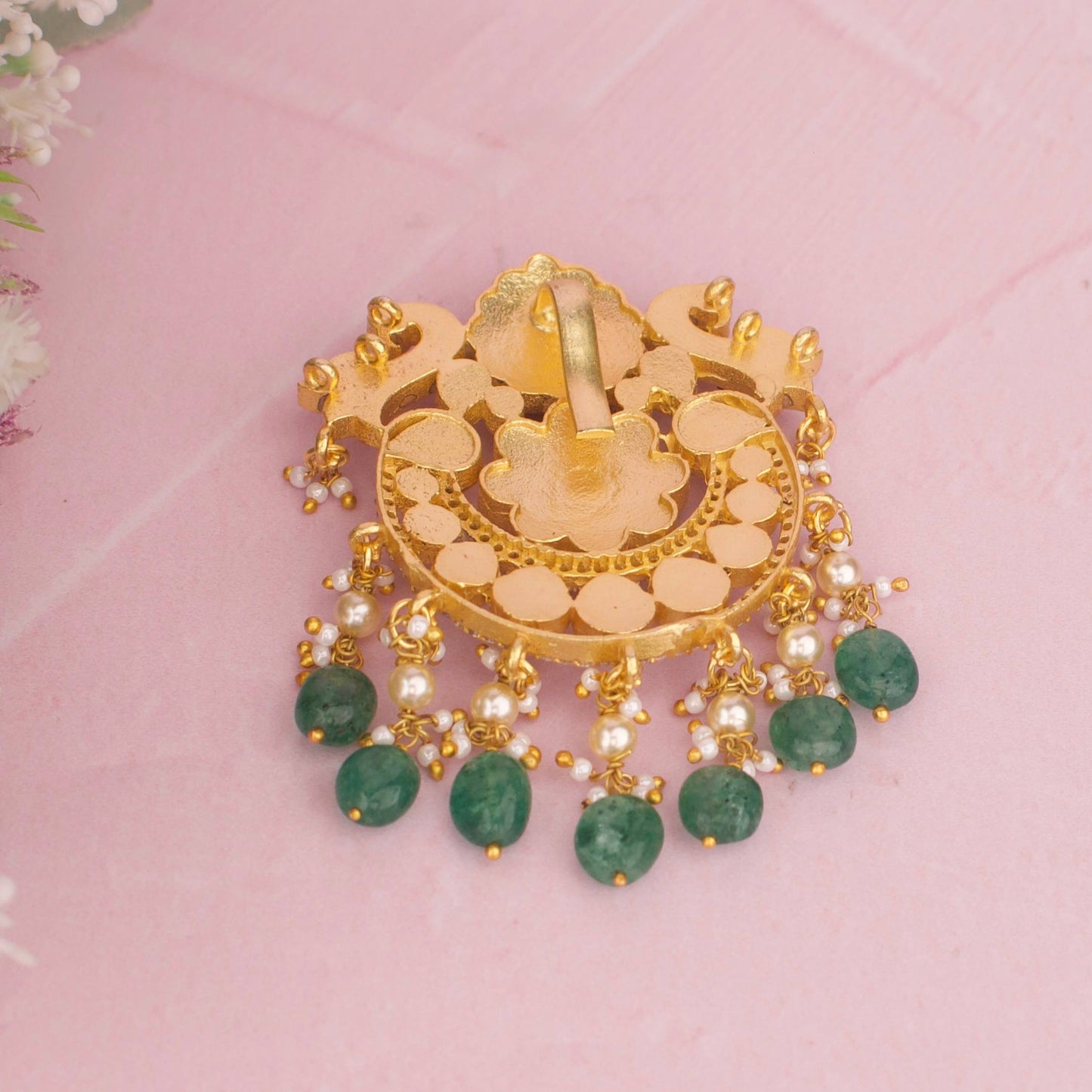 Designer Pendant With Pearl Hanging And Green Beads