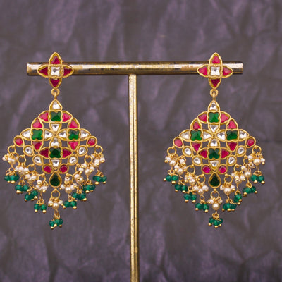 Elegant Jadau Kundan Chandbali Earrings With Green Drops