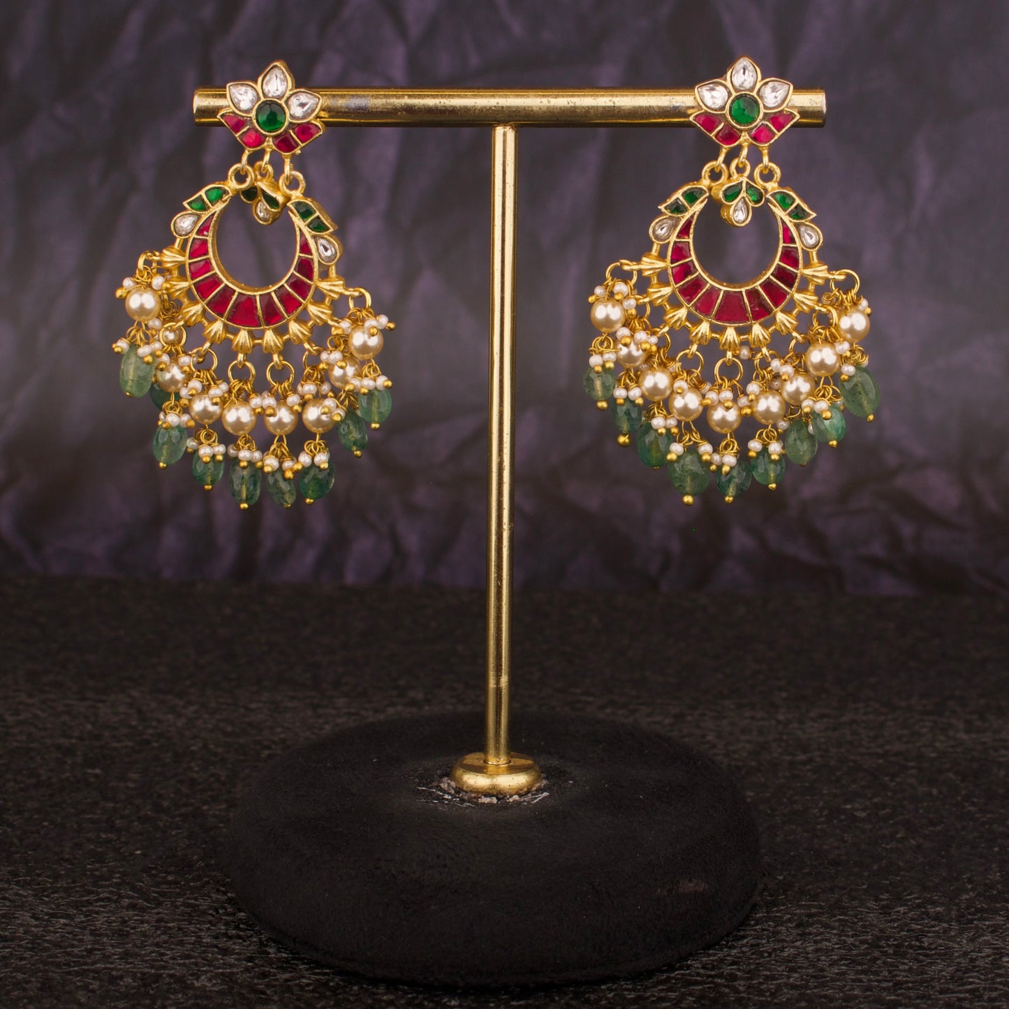 Floral Studded Jadau Kundan Chandbali Earrings With Pearl & Beads As Droplets