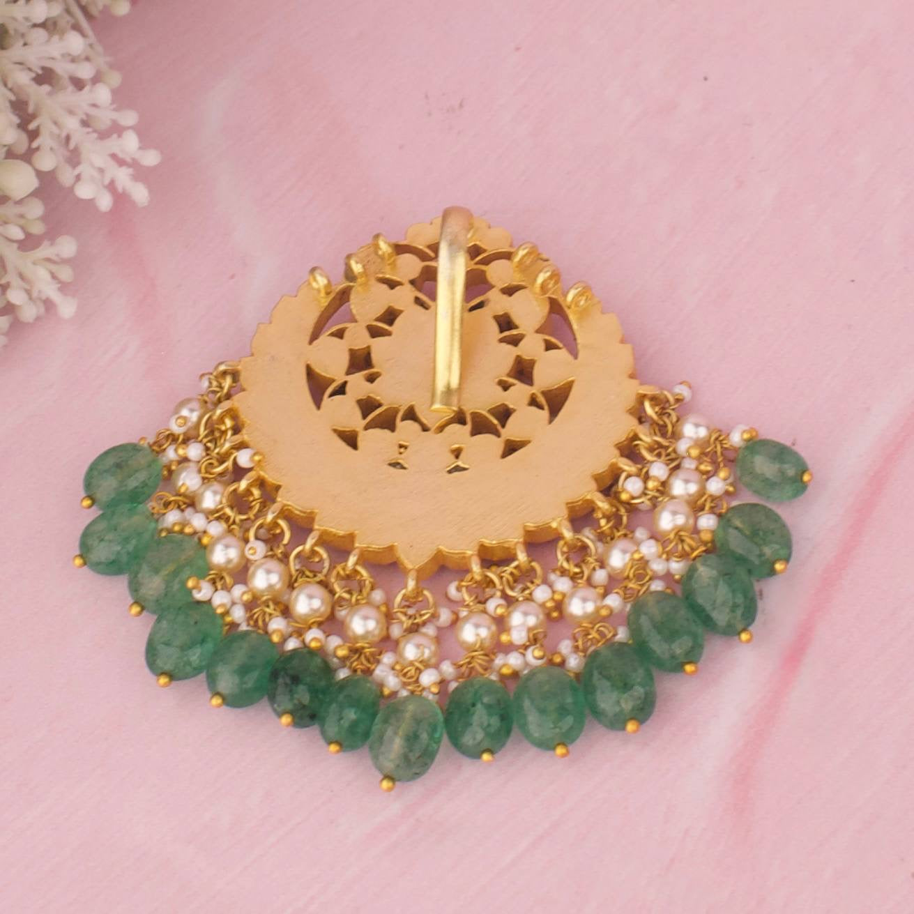 Traditional Jadau Kundan Chand Pendant With Green Beads