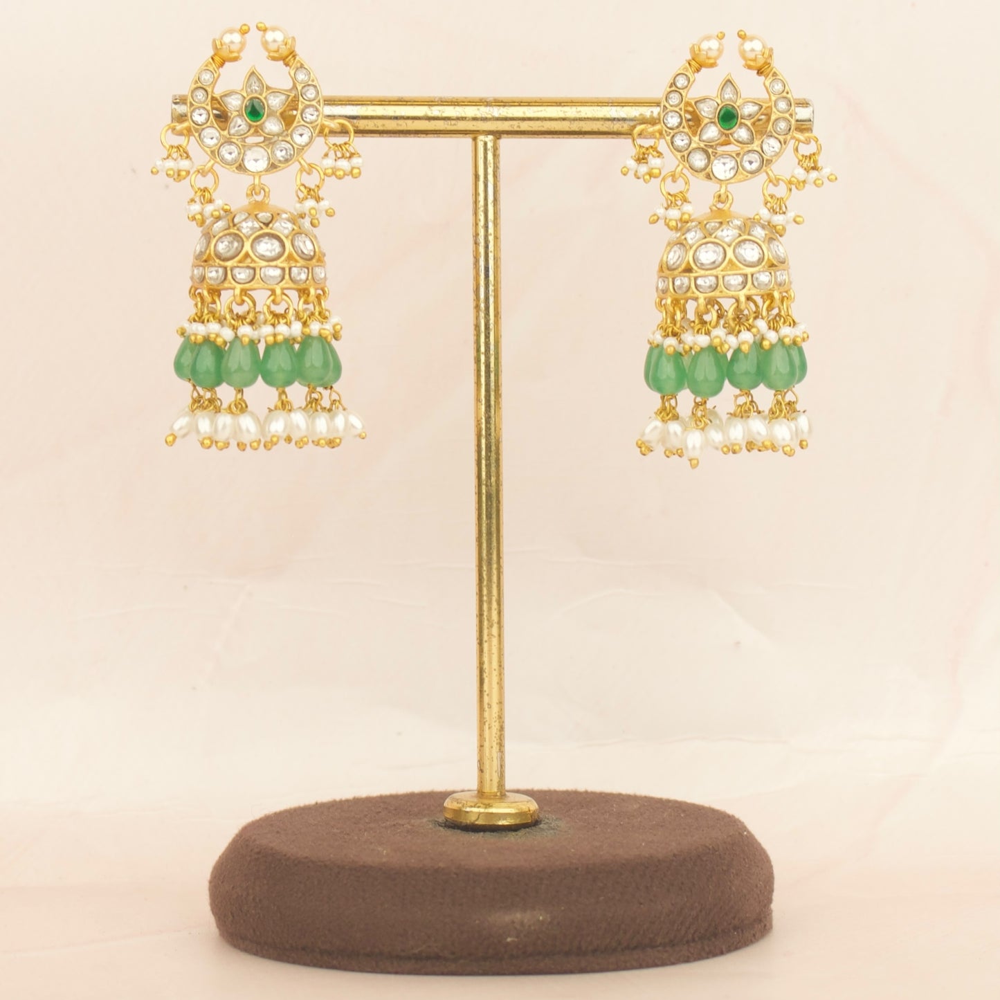 Chandbali Studded Jadau Kundan Jhumki With Green Beads & White Pearl Hanging
