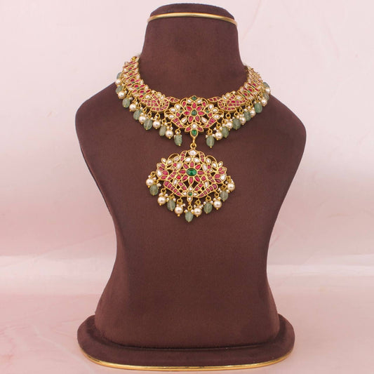 Multi Coloured Jadau Kundan Necklace With Pearl & Beads Hangings