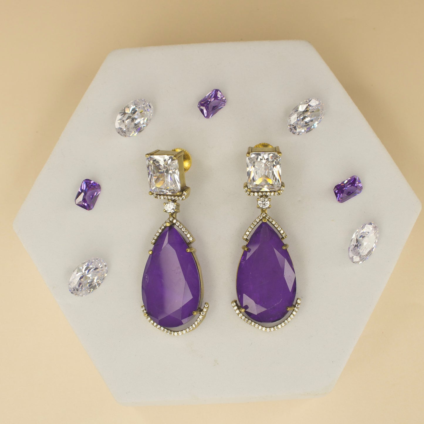 Fancy yet classic stone hanging earrings with victorian finish available in red, green, purple & mint