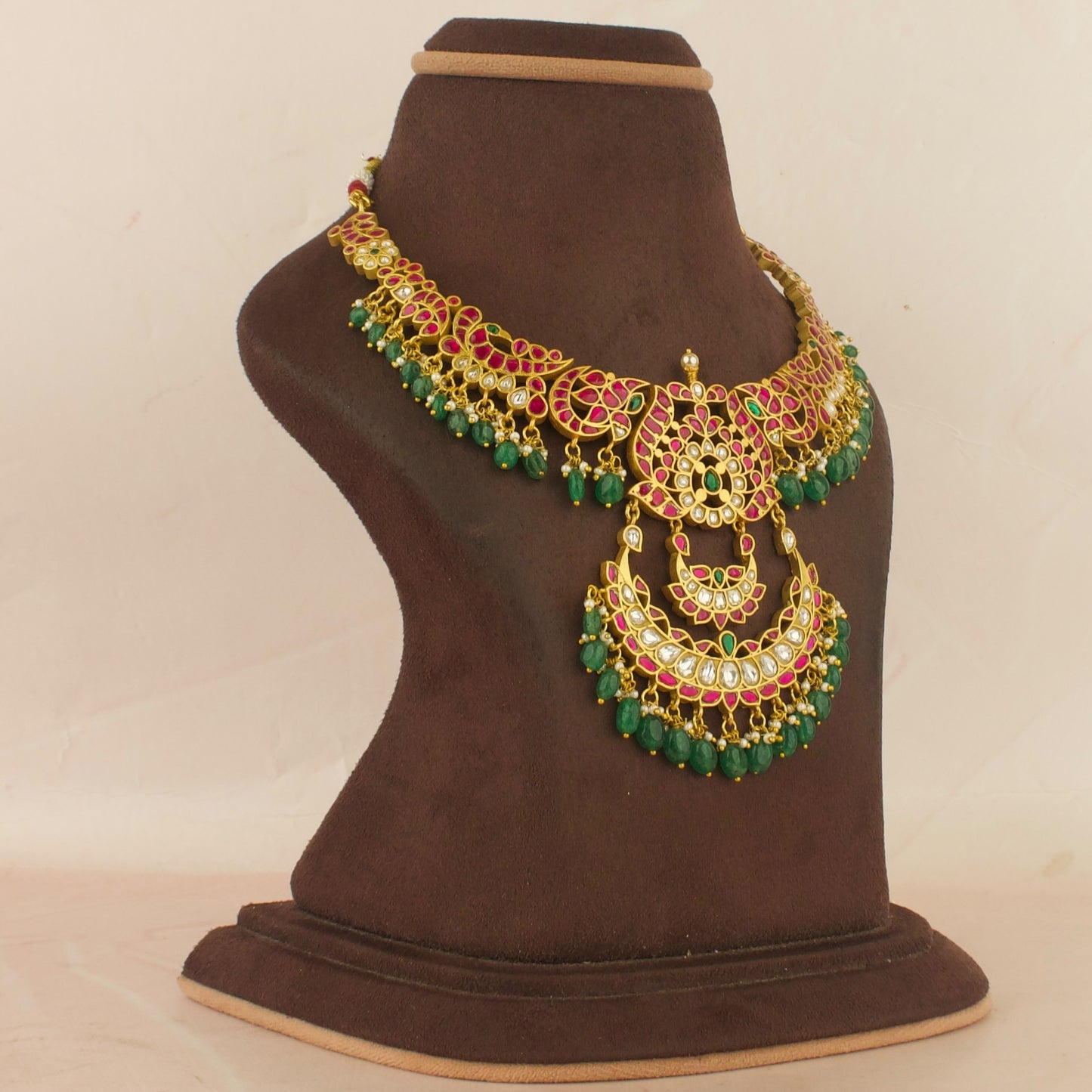 Bridal Chandbali Design Jadau Kundan Necklace with Green Beads