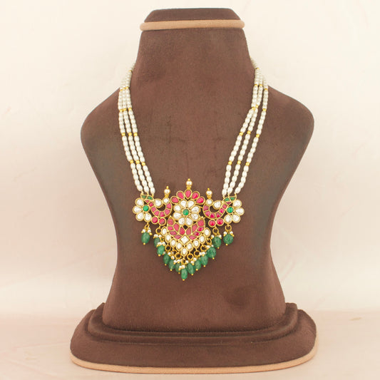 Opulent look Floral peacock Design Jadau Kundan Pearl Rani Haar Mala