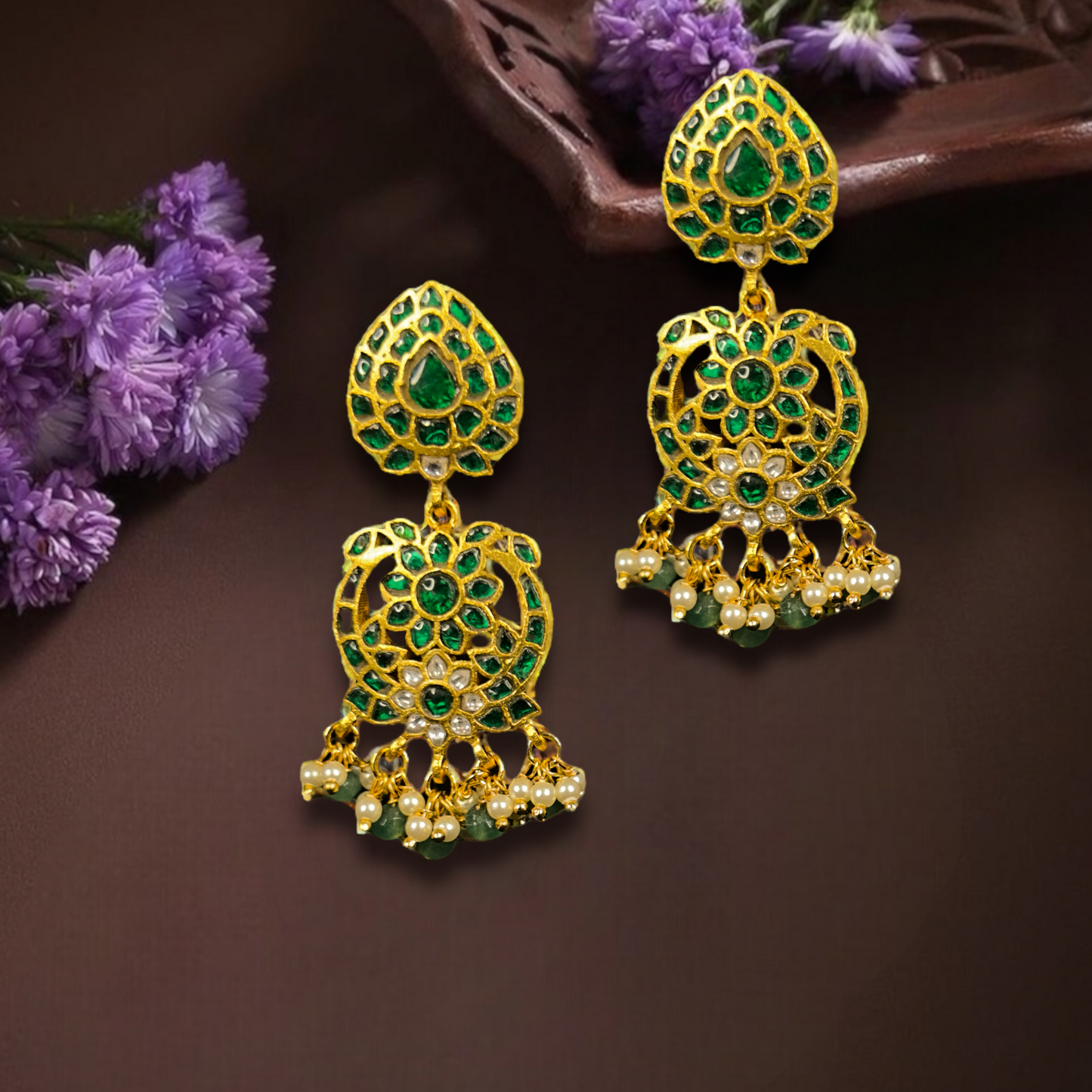 Emerald Fantasy Jadau Kundan Chandbali Earrings - DULHAN JEWELS