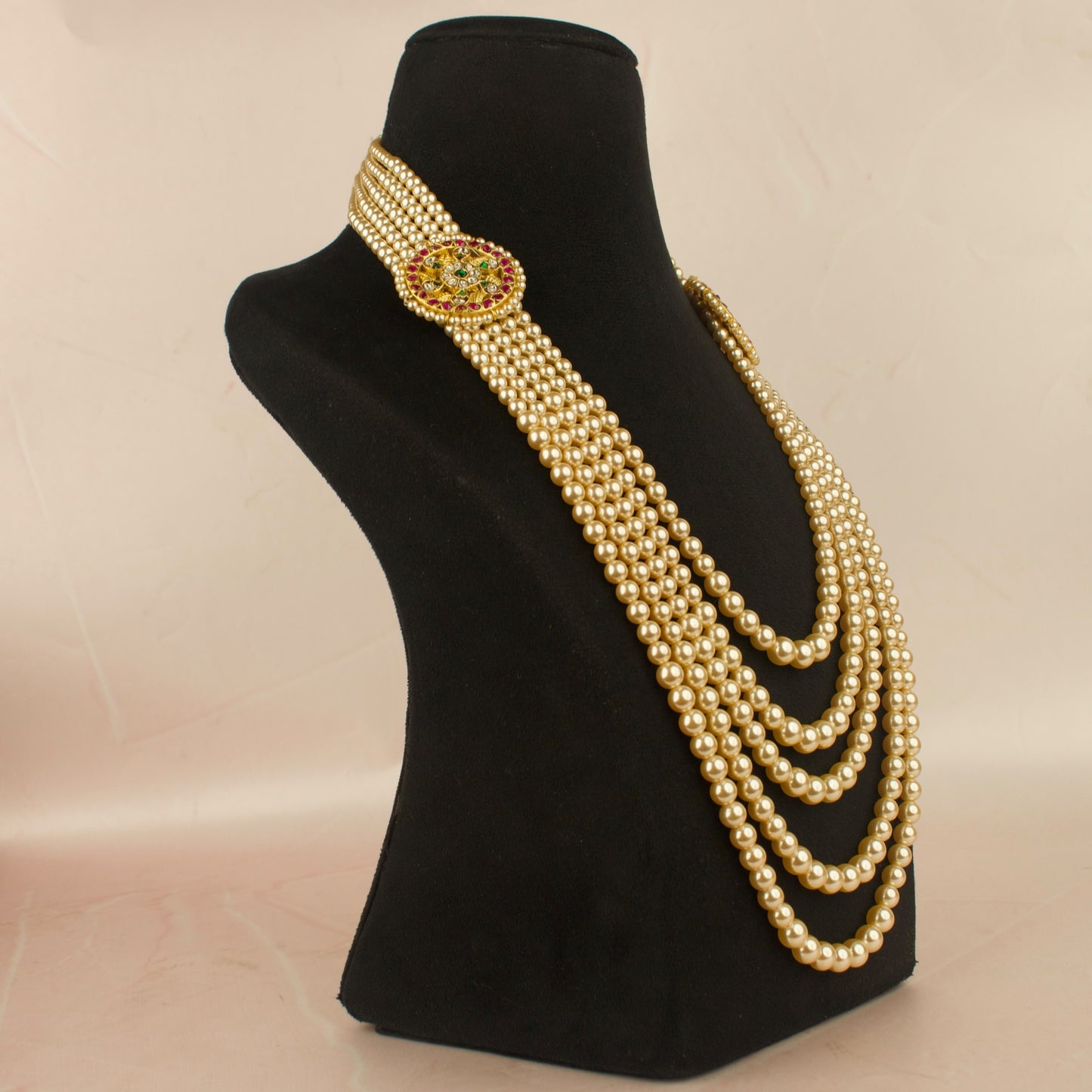 Traditional Jadau Kundan Side Locket Swarovski Pearl Mala
