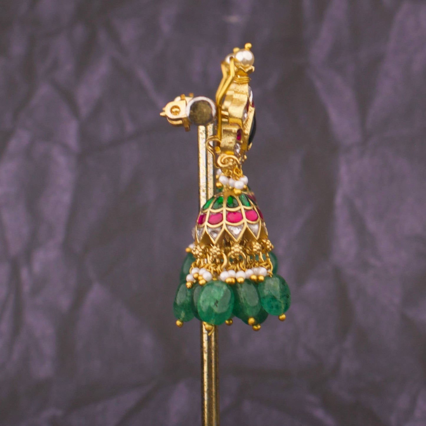 Elegant Jadau Kundan Jhumka Earrings With Green Drops