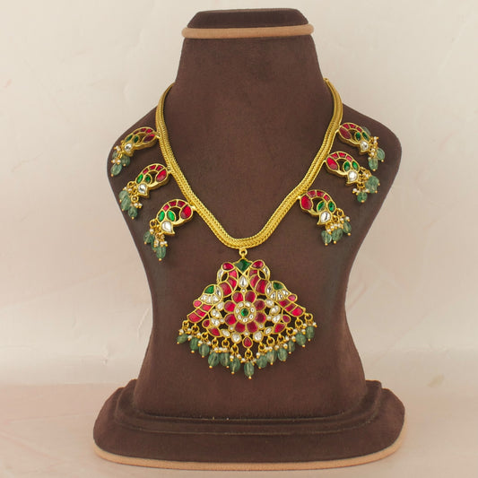 Floral Peacock Design Jadau Kundan Necklace with Green Beads