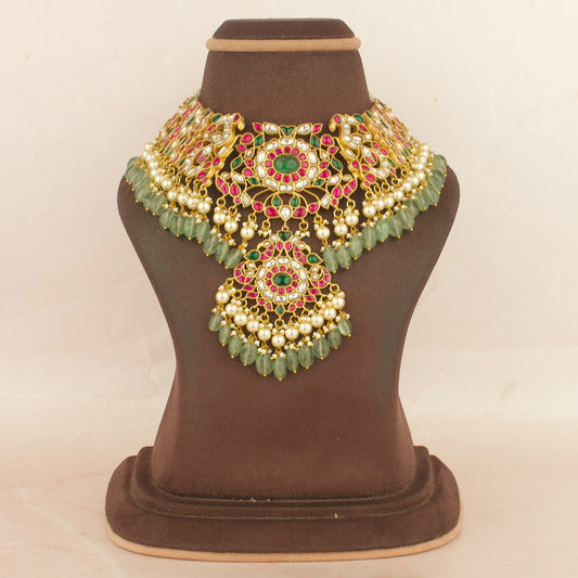 Majestic Jadau Kundan Nakshi Design short Necklace with double Hanging