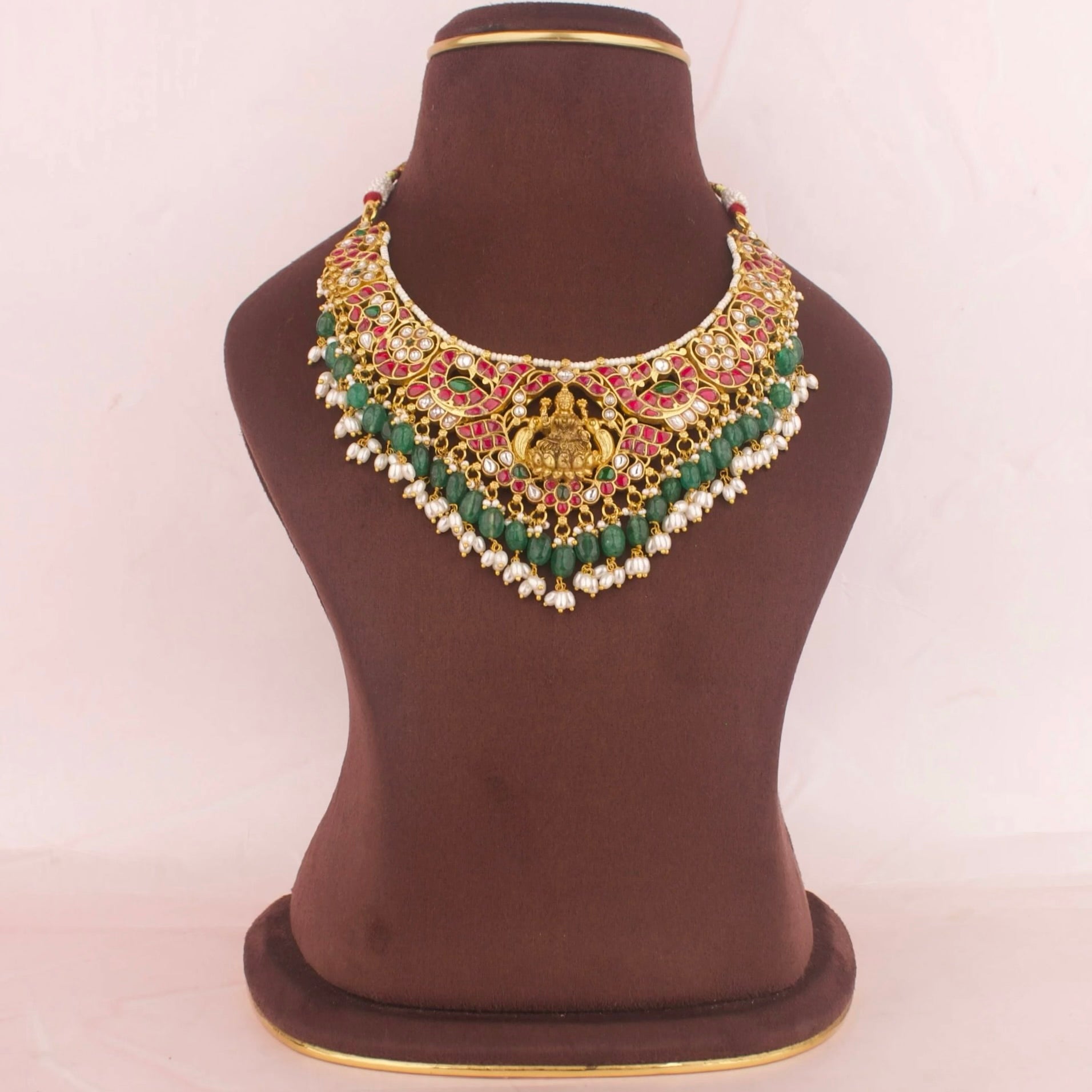 Bridal Divine Lakshmi Devi Jadau Kundan Short Necklace with Guttapusalu Hangings - DULHAN JEWELS