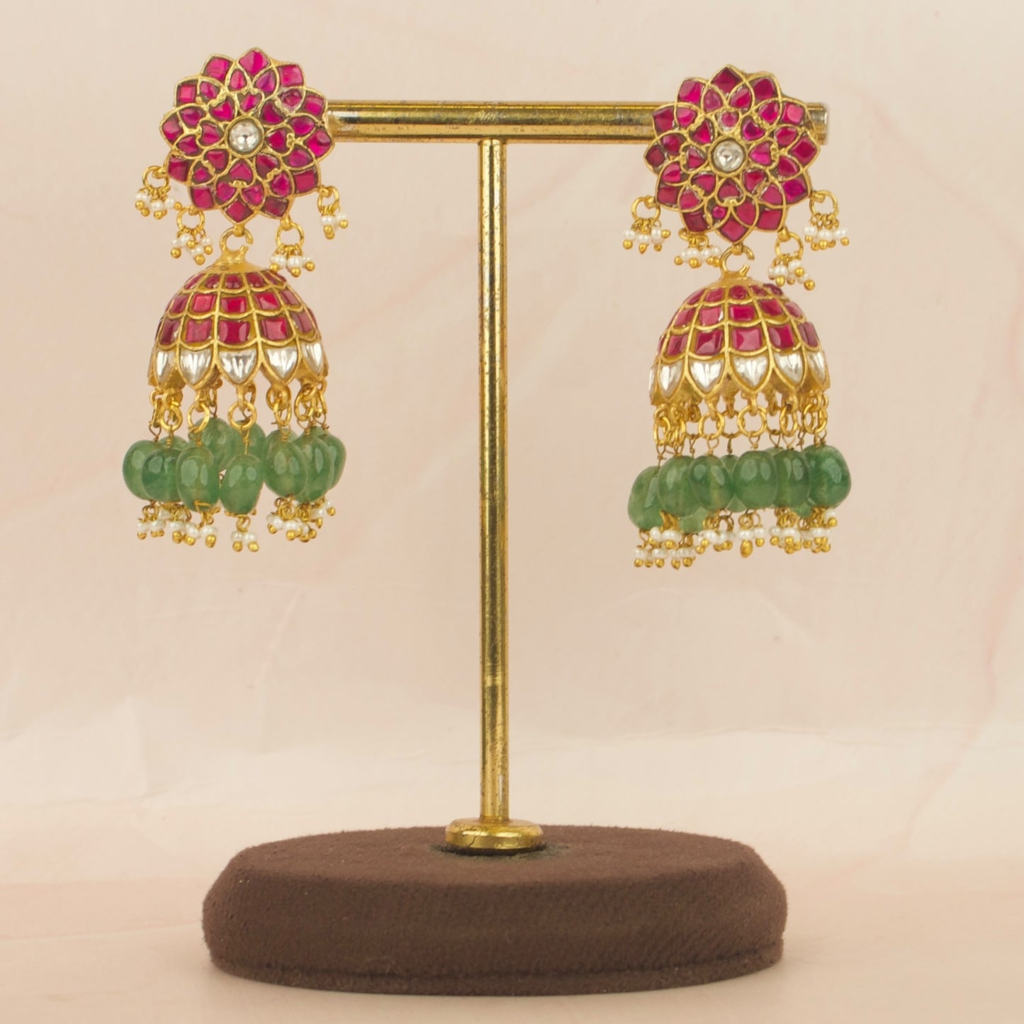Flowers Design Jadau Kundan Jhumki With Green Beads Hanging