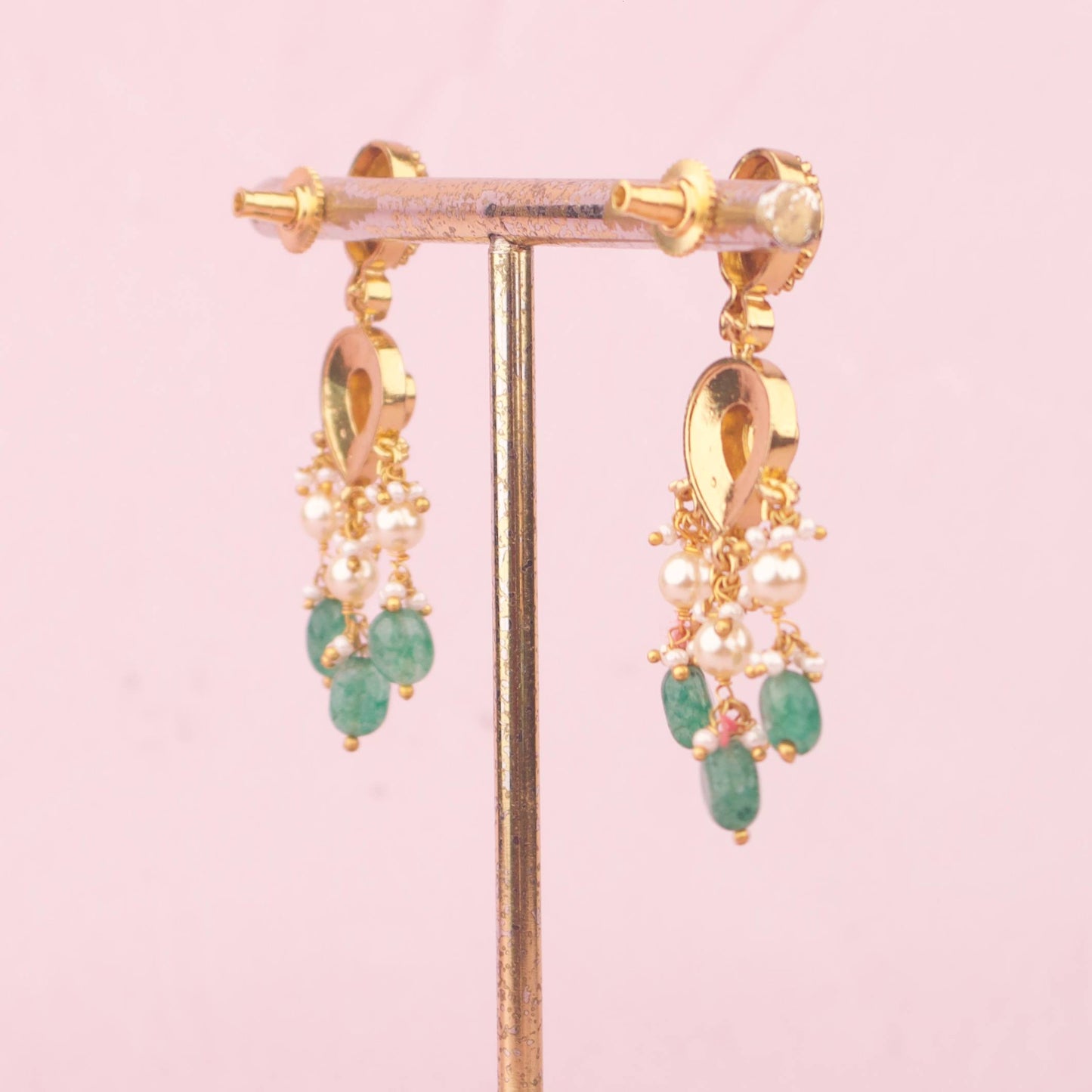 Antique Temple Necklace Set With Emerald Beads And Earrings