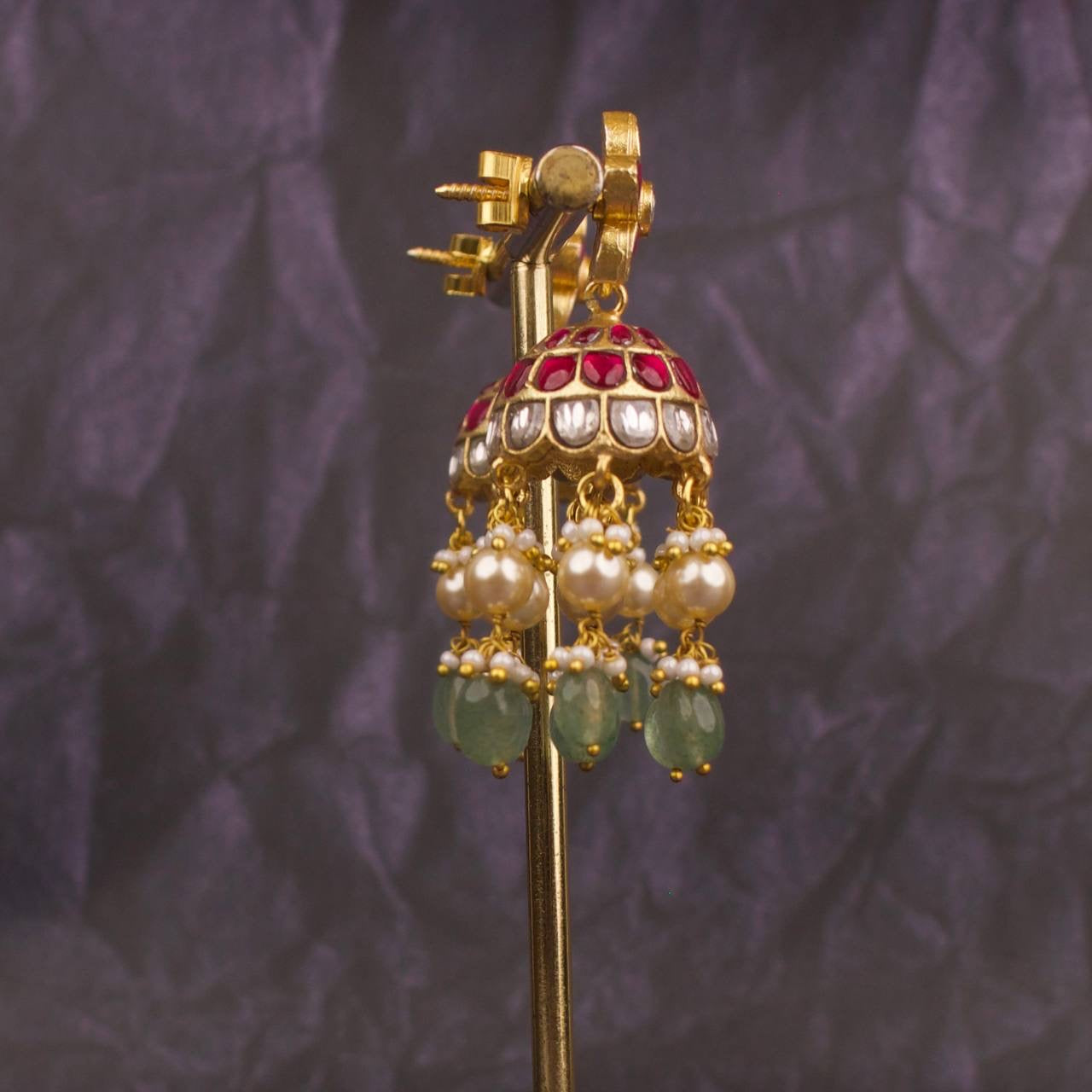 Floral Studded Jadau Kundan Jhumki With Pearl & Beads Hanging