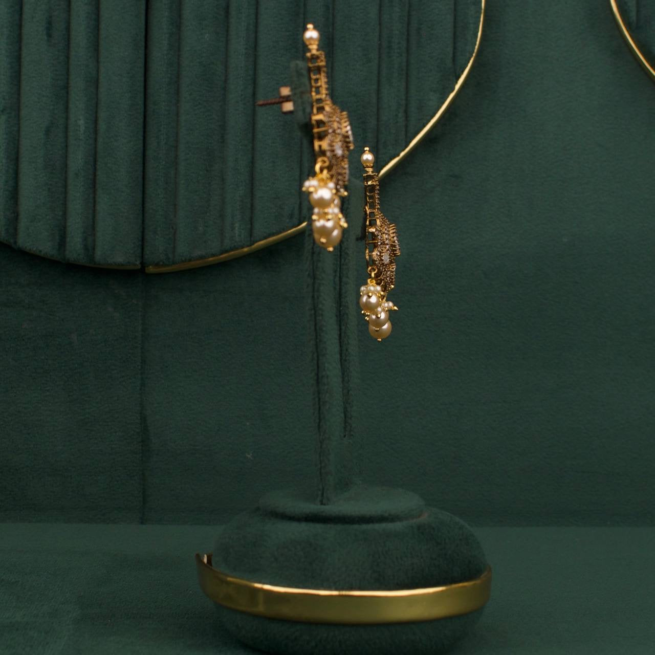 Designer Polki Swarovski Pearl Victorian Necklace Set With Matching Earrings