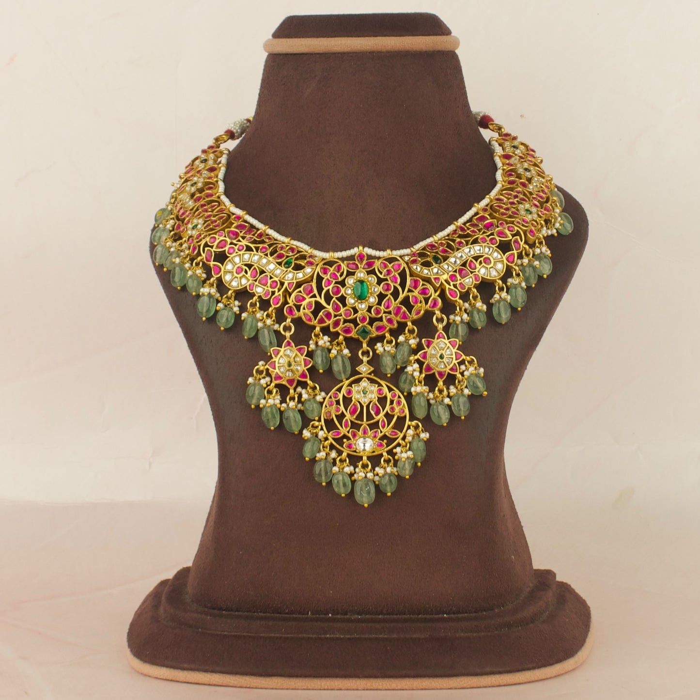 Bridal Floral Design Jadau Kundan Necklace with Green Beads