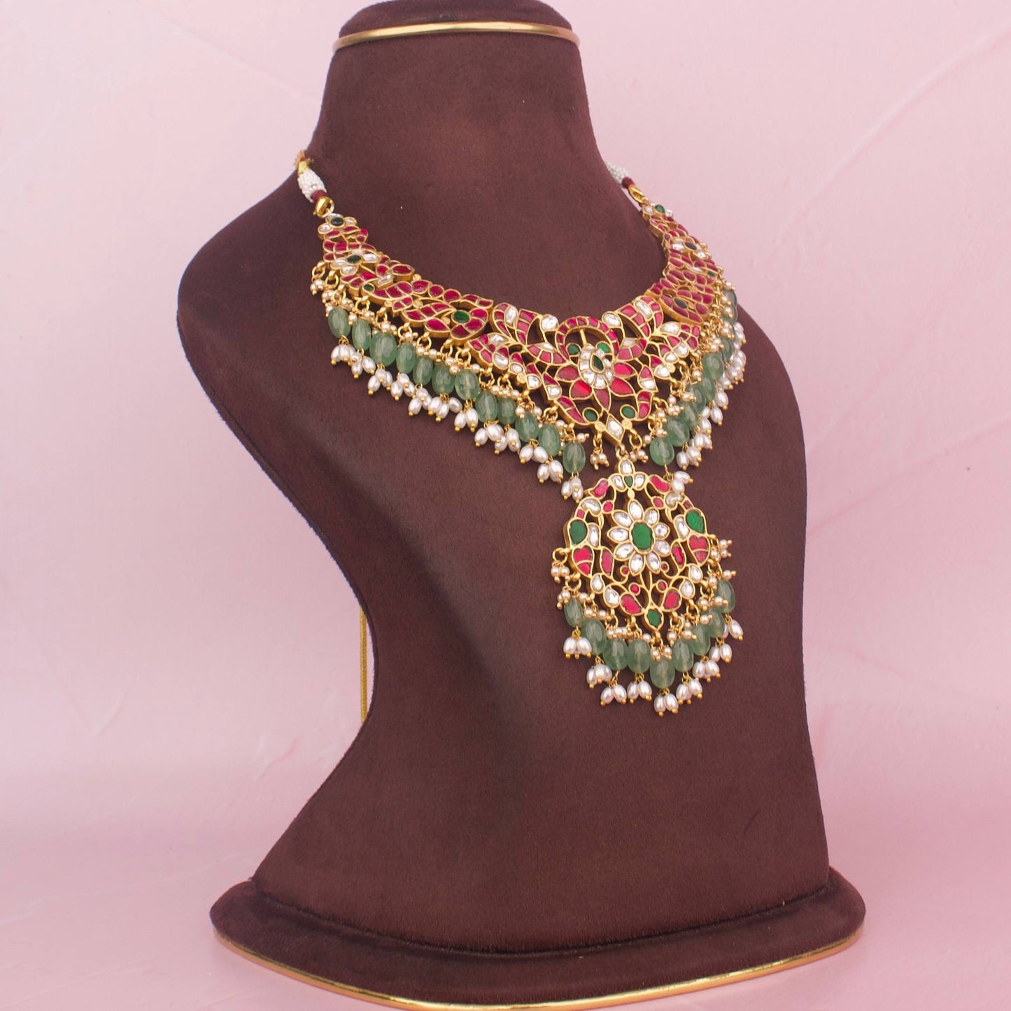 Close-up detailing of Gold Style Jadau Kundan Traditional Necklace With Beads Hanging
