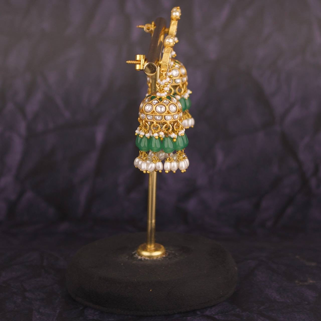 Chand Shaped Jadau Kundan Jhumki With Guttapusalu Hangings