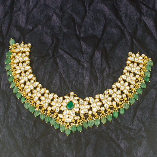 Royal Moissanite Polki Short Necklace with Green Beads Hanging