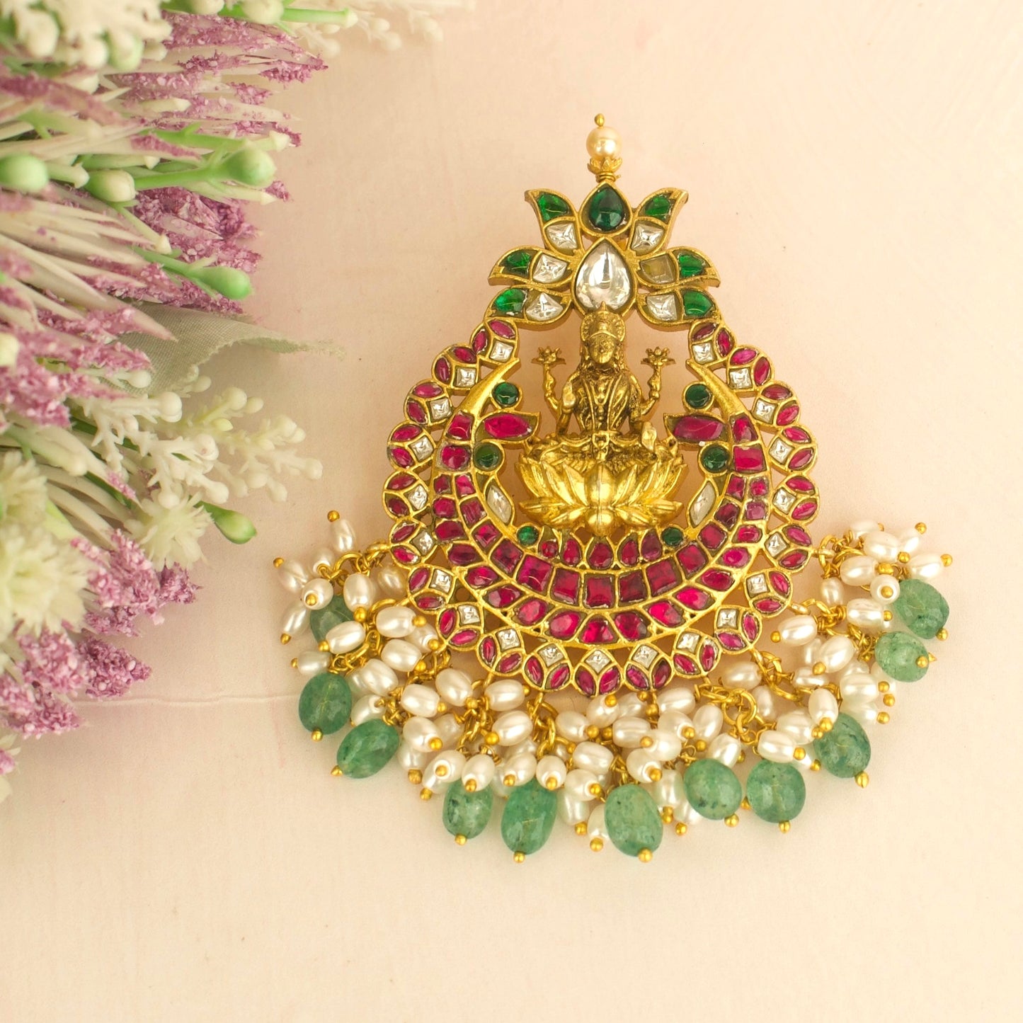 Jadau Kundan Laxmi Devi Design Lotus Pendant With Guttapusalu Hangings