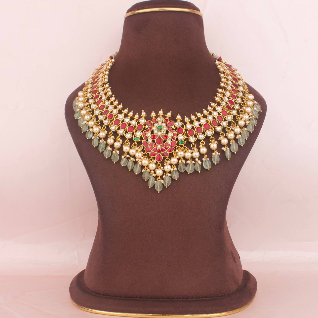 Classic Jadau Kundan Bridal Necklace With Pearl & Beads Hanging