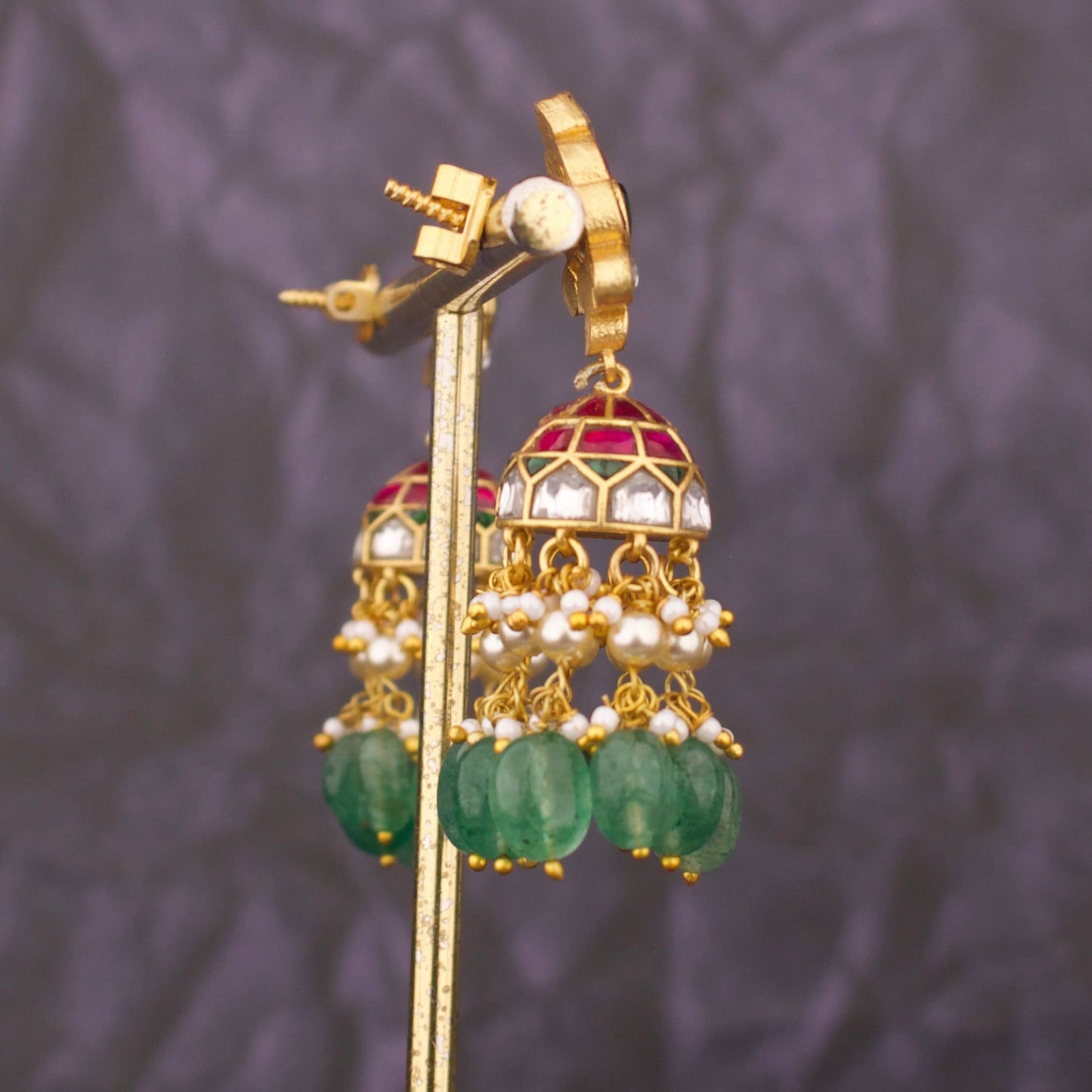 Imperial Floral Kundan Jhumka Earrings With Emerald Drops