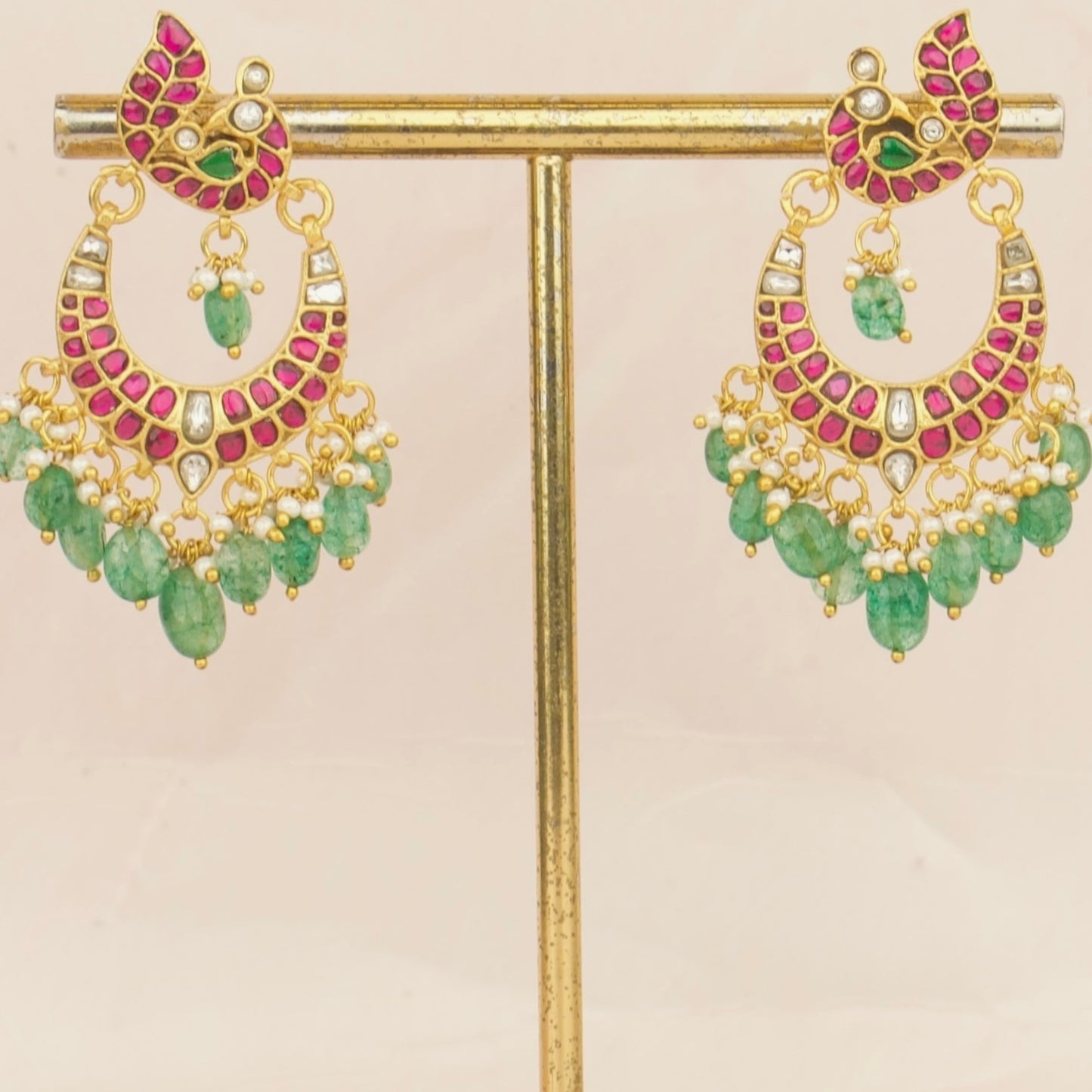Peacock Studded Jadau Kundan Chandbali Earrings WIth Green Beads As Hangings