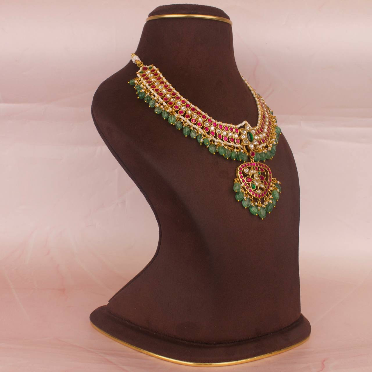 Sleek Jadau Kundan Ruby,Emerald & White Stones Necklace